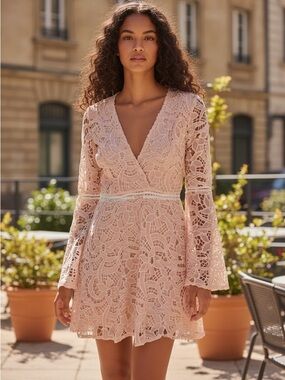 Marciano-Lace V-Neck Long Sleeve Mini Dress in Blush